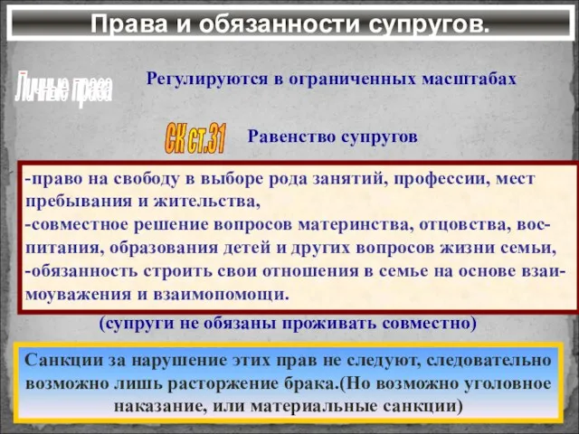 Права и обязанности супругов. Личные права Регулируются в ограниченных масштабах