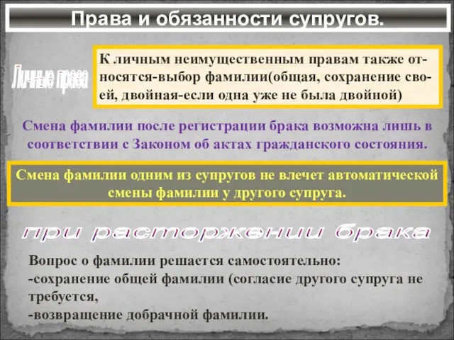 Права и обязанности супругов. Личные права К личным неимущественным правам