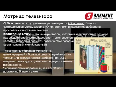 QLED экраны — это улучшенная разновидность ЖК экранов. Вместо светофильтров