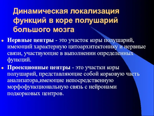 Динамическая локализация функций в коре полушарий большого мозга Нервные центры