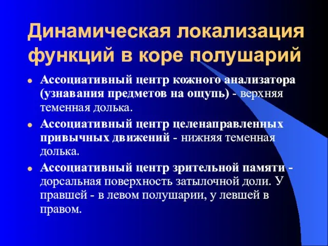 Динамическая локализация функций в коре полушарий Ассоциативный центр кожного анализатора