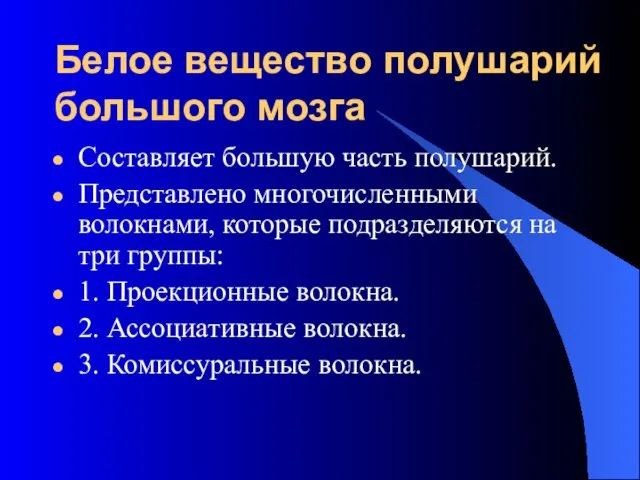 Белое вещество полушарий большого мозга Составляет большую часть полушарий. Представлено