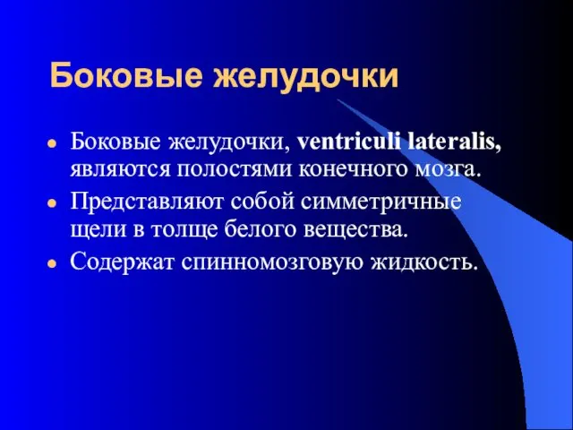 Боковые желудочки Боковые желудочки, ventriculi lateralis, являются полостями конечного мозга.