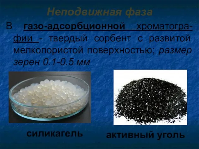 Неподвижная фаза В газо-адсорбционной хроматогра-фии - твердый сорбент с развитой