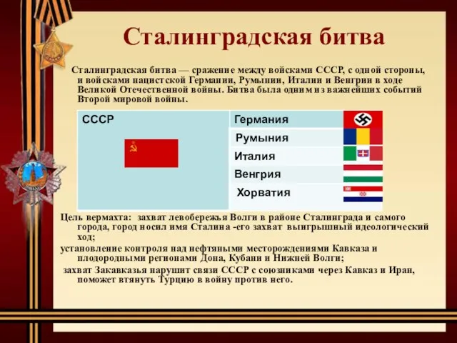 Сталинградская битва Сталинградская битва — сражение между войсками СССР, с