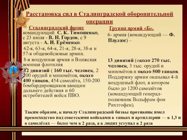 Расстановка сил в Сталинградской оборонительной операции Сталинградский фронт командующий С.