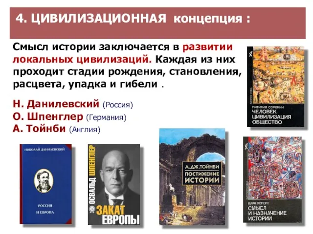 4. ЦИВИЛИЗАЦИОННАЯ концепция : Смысл истории заключается в развитии локальных