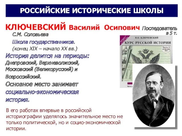 КЛЮЧЕВСКИЙ Василий Осипович Последователь С.М. Соловьева Школа государственников. (конец XIX