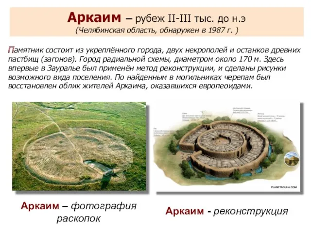 Аркаим – рубеж II-III тыс. до н.э (Челябинская область, обнаружен