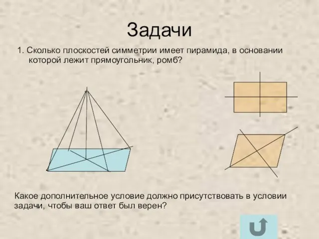 Задачи 1. Сколько плоскостей симметрии имеет пирамида, в основании которой