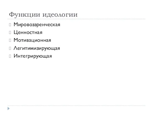 Функции идеологии Мировоззренческая Ценностная Мотивационная Легитимизирующая Интегрирующая