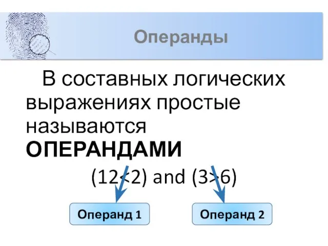 Операнды В составных логических выражениях простые называются ОПЕРАНДАМИ (12 6)