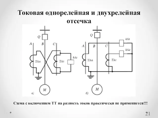 Токовая однорелейная и двухрелейная отсечка Схема с включением ТТ на разность токов практически не применяется!!!