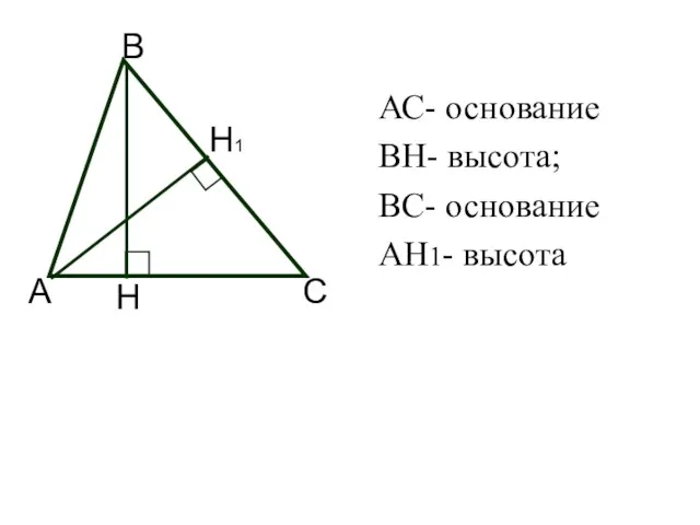 АС- основание ВН- высота; ВС- основание АН1- высота