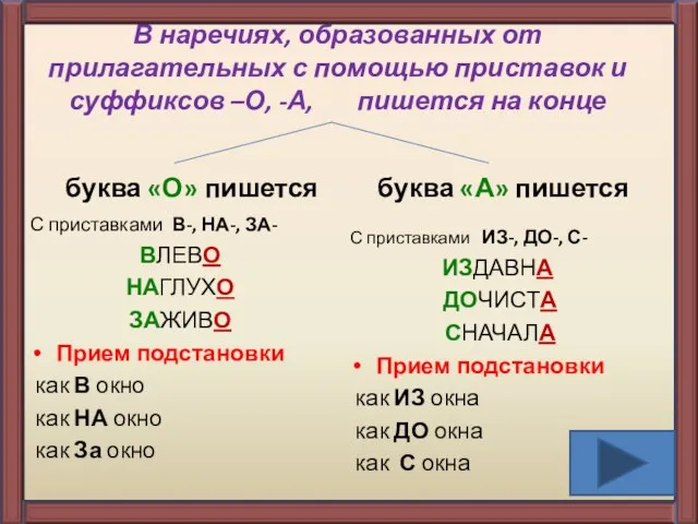 В наречиях, образованных от прилагательных с помощью приставок и суффиксов