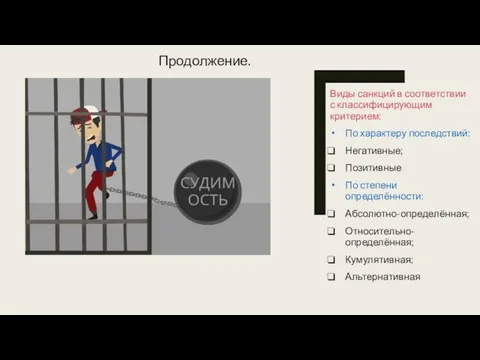 Продолжение. Виды санкций в соответствии с классифицирующим критерием: По характеру последствий: Негативные; Позитивные