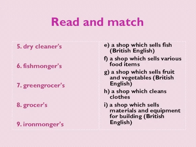 Read and match 5. dry cleaner's 6. fishmonger's 7. greengrocer's