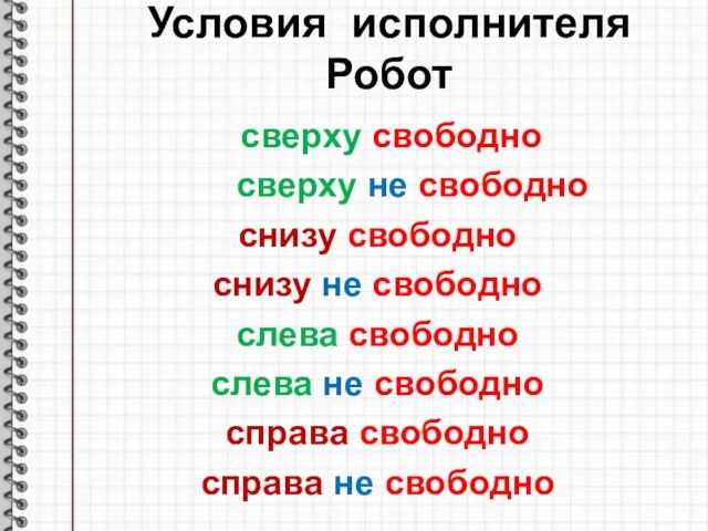 Условия исполнителя Робот сверху свободно сверху не свободно снизу свободно