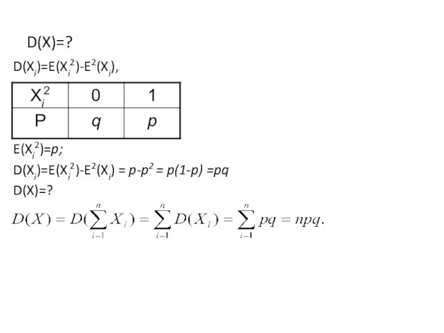 D(X)=? D(Xi)=E(Xi2)-E2(Xi), E(Xi2)=p; D(Xi)=E(Xi2)-E2(Xi) = p-p2 = p(1-p) =pq D(X)=?