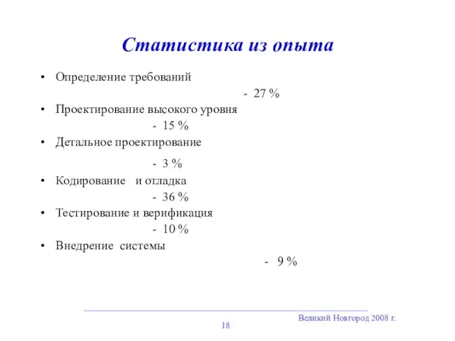 Великий Новгород 2008 г. Статистика из опыта Определение требований -