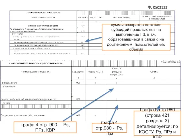 Ф. 0503123 суммы возвратов остатков субсидий прошлых лет на выполнение ГЗ, в т.ч.