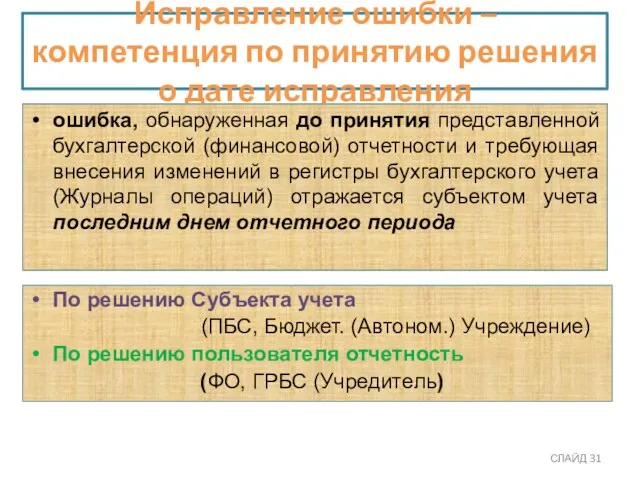 Исправление ошибки – компетенция по принятию решения о дате исправления СЛАЙД ошибка, обнаруженная