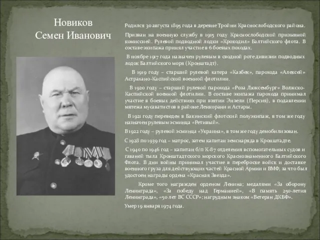 Родился 30 августа 1895 года в деревне Тройни Краснослободского района.