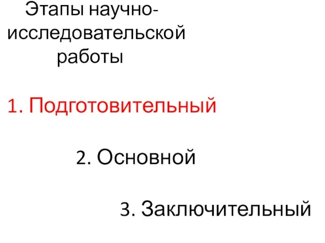 Этапы научно-исследовательской работы 1. Подготовительный 2. Основной 3. Заключительный