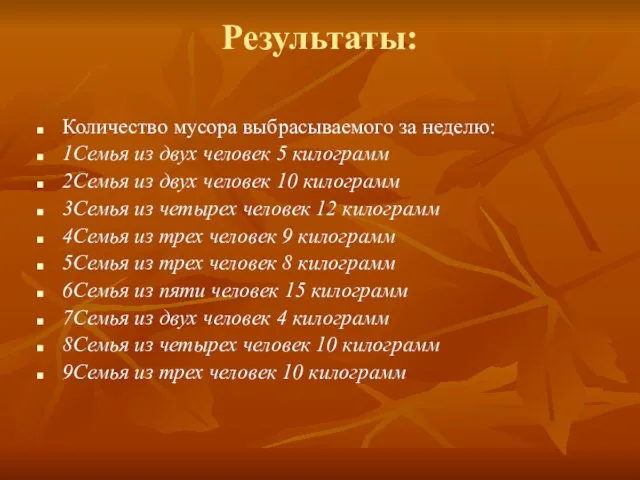 Результаты: Количество мусора выбрасываемого за неделю: 1Семья из двух человек