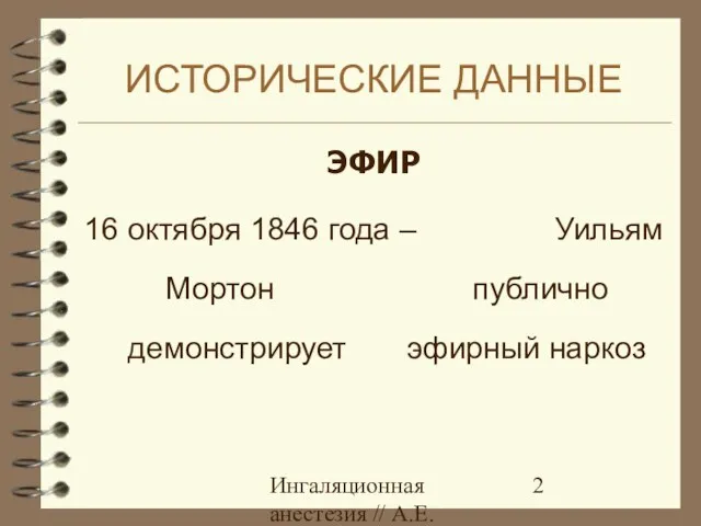 Ингаляционная анестезия // А.Е.Карелов, СПб МАПО ИСТОРИЧЕСКИЕ ДАННЫЕ ЭФИР 16