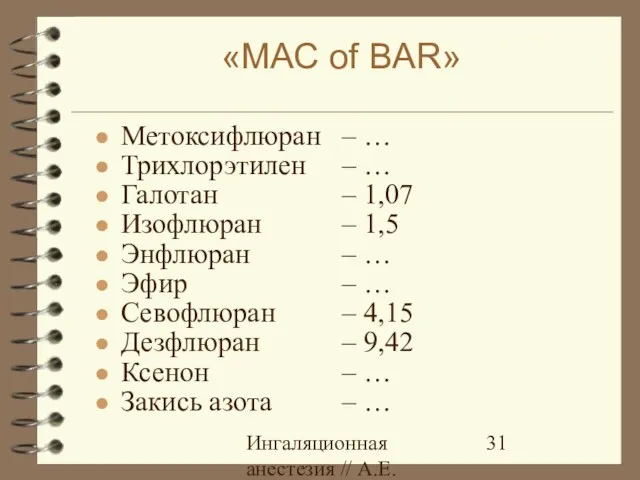 Ингаляционная анестезия // А.Е.Карелов, СПб МАПО «МАС of BAR» Метоксифлюран