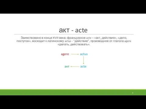 акт - acte Заимствовано в конце XVIII века; французское acte