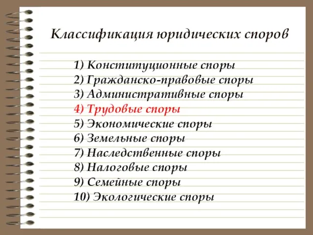 Классификация юридических споров 1) Конституционные споры 2) Гражданско-правовые споры 3)