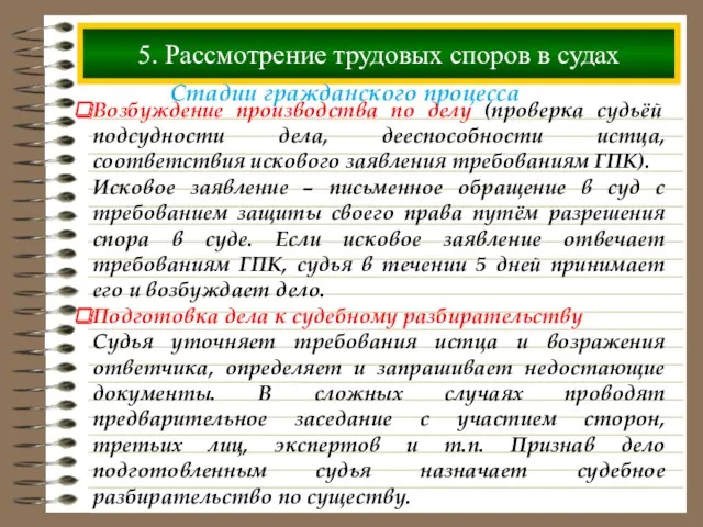 5. Рассмотрение трудовых споров в судах Стадии гражданского процесса Возбуждение