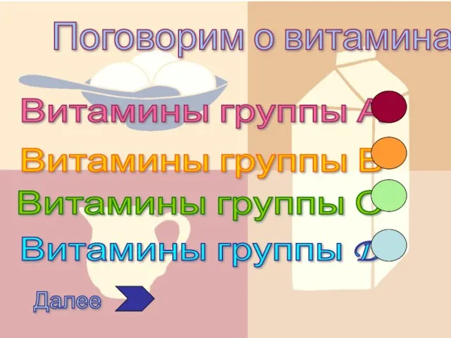 Поговорим о витаминах Далее Витамины группы А Витамины группы В Витамины группы С Витамины группы D