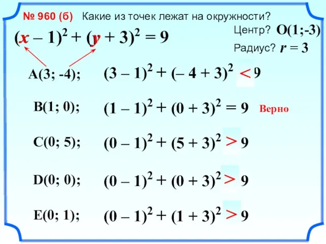 (x – 1)2 + (y + 3)2 = 9 № 960 (б) Какие