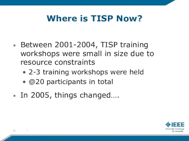 Where is TISP Now? Between 2001-2004, TISP training workshops were small in size