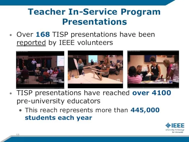 Teacher In-Service Program Presentations Over 168 TISP presentations have been