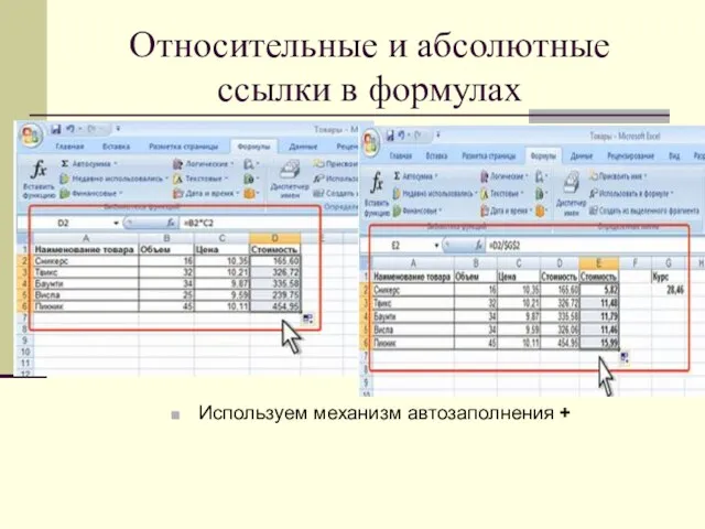 Относительные и абсолютные ссылки в формулах Используем механизм автозаполнения +