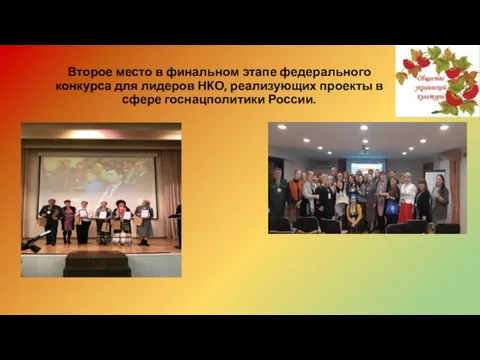 Второе место в финальном этапе федерального конкурса для лидеров НКО, реализующих проекты в сфере госнацполитики России.