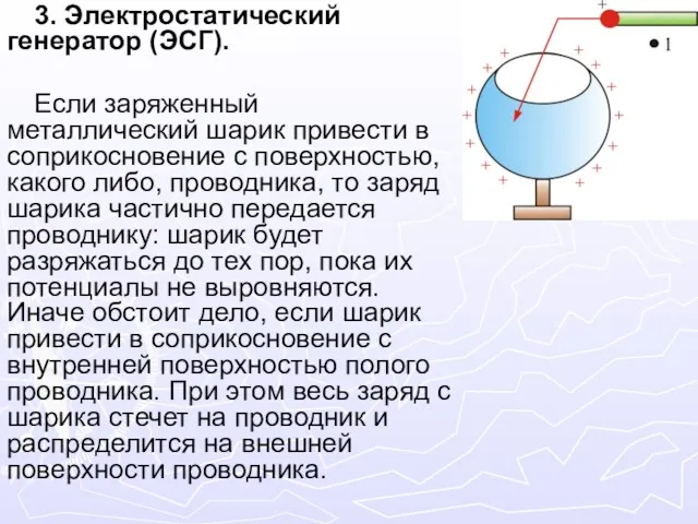 3. Электростатический генератор (ЭСГ). Если заряженный металлический шарик привести в соприкосновение с поверхностью,