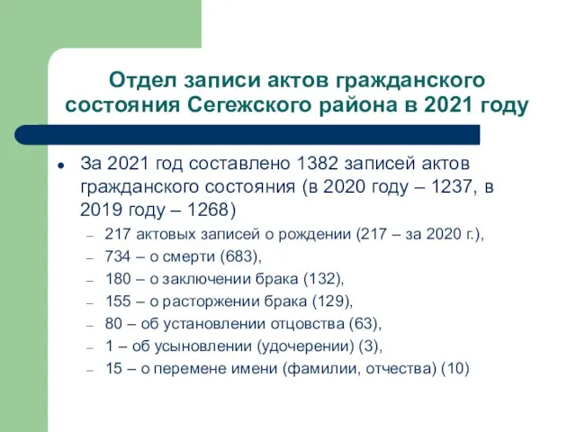 Отдел записи актов гражданского состояния Сегежского района в 2021 году