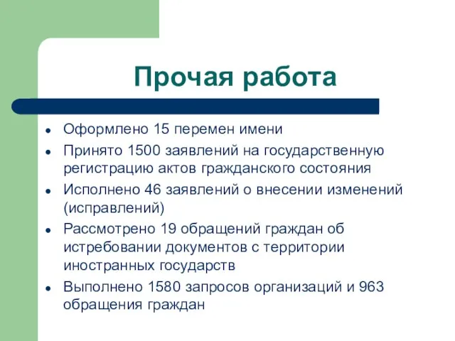 Прочая работа Оформлено 15 перемен имени Принято 1500 заявлений на