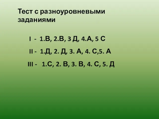 Тест с разноуровневыми заданиями I - 1.В, 2.В, 3 Д,