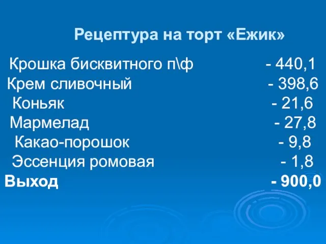 Рецептура на торт «Ежик» Крошка бисквитного п\ф - 440,1 Крем