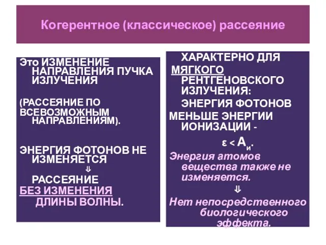 Когерентное (классическое) рассеяние Это ИЗМЕНЕНИЕ НАПРАВЛЕНИЯ ПУЧКА ИЗЛУЧЕНИЯ (РАССЕЯНИЕ ПО