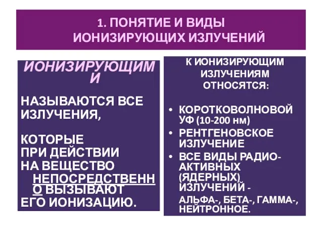 1. ПОНЯТИЕ И ВИДЫ ИОНИЗИРУЮЩИХ ИЗЛУЧЕНИЙ ИОНИЗИРУЮЩИМИ НАЗЫВАЮТСЯ ВСЕ ИЗЛУЧЕНИЯ,