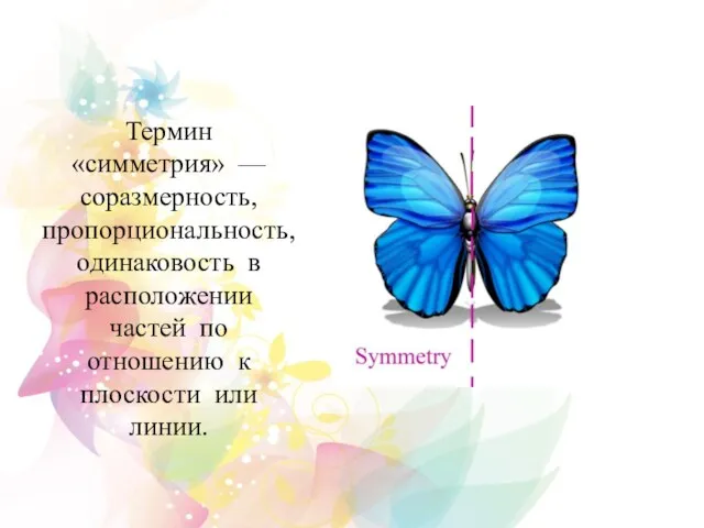 Термин «симметрия» — соразмерность, пропорциональность, одинаковость в расположении частей по отношению к плоскости или линии.