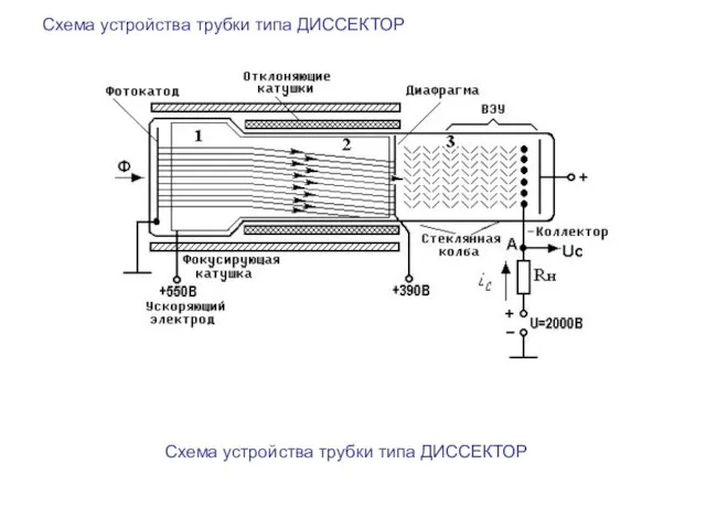 Схема устройства трубки типа ДИССЕКТОР Схема устройства трубки типа ДИССЕКТОР