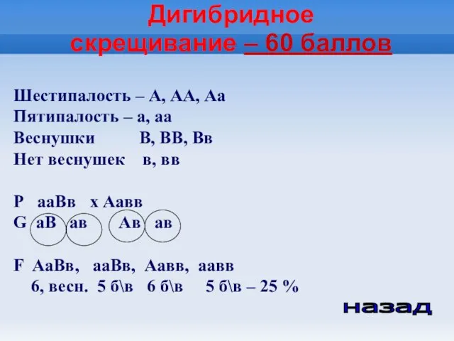 Дигибридное скрещивание – 60 баллов назад Шестипалость – А, АА,